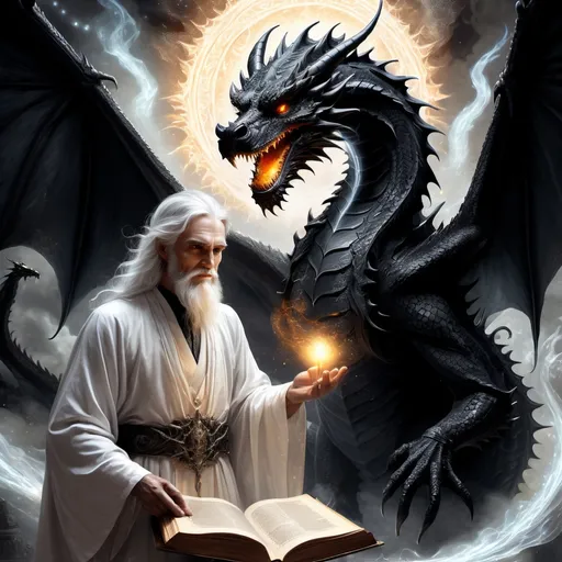 Prompt: Powerful wizard in white robes casting a radiant spell at a majestic black dragon, old book art style, intricate details, mystical atmosphere, high quality, vintage, vintage art style, black dragon, radiant spell, powerful wizard, white robes, mystical aura, intricate design, detailed artwork, antique, magical lighting, highres, mystical, intense moment, detailed illustration