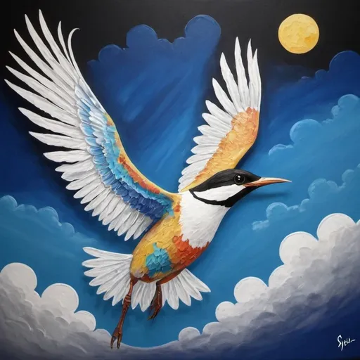 Prompt: Sure, here is the summary of how to paint the song "Ey Parande Migr" by Siavash Ghomayshi in English:

To paint the song "Ey Parande Migr" by Siavash Ghomayshi, you can create a beautiful and captivating image of a migrating bird with colorful and majestic wings soaring through the sky. The background can depict a blue sky or colorful clouds, infused with hues of moonlight and golden tones, in an abstract and emotive style. Capture the essence of the music with vibrant colors and a sense of motion, creating a meaningful and visually appealing artwork.