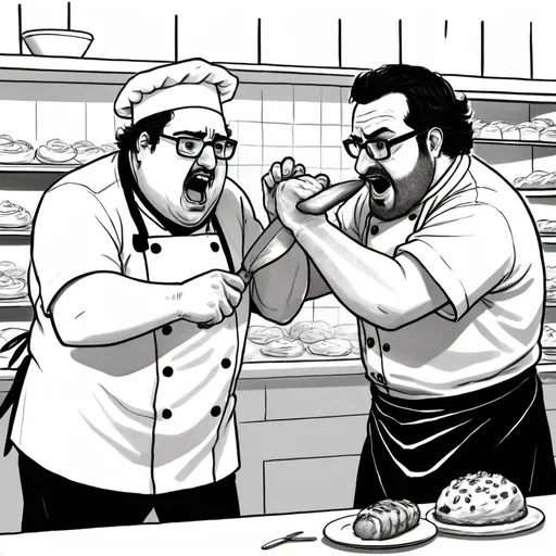 Prompt: 

"A drawing of a fight between a pastry chef and a butcher, where the butcher is beating the pastry chef. The pastry chef is chubby and wears glasses, with masculine Iranian facial features."