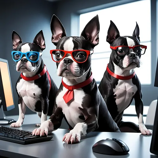 Prompt: Create an computer office view were a team of three Cute Boston Terriers which are blockchain technology developers work on computers, futuristic tech, glasses, and superheroes costumes
