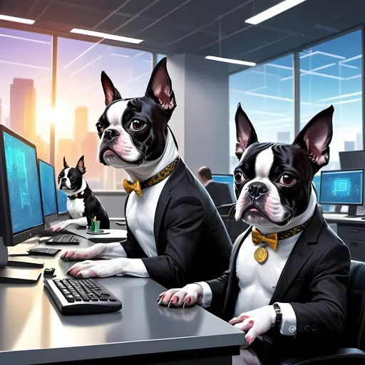 Prompt: Cute Boston Terriers in an office setting, blockchain technology developers, meme coin creation, computer desks, high-tech office equipment, detailed fur with reflections, vibrant and energetic, professional attire, focused and collaborative atmosphere, high quality, 4k, ultra-detailed, digital painting, vibrant colors, futuristic lighting, meme coin design, blockchain technology, cool and professional