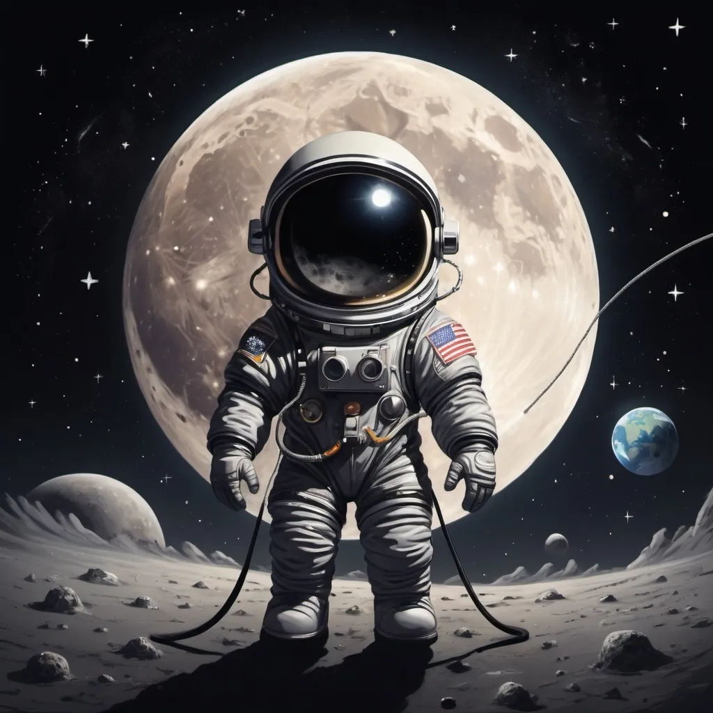 Prompt: black space with full moon and stars in the background, small earth in the distance, small little astronaut floating in the middle with a tether strapped to his suit, cartoon 