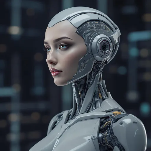 Prompt: A futuristic neurowoman, smart and modern, embodying soft power and technological elegance. Her human face is expressive and warm, while the back of her head, temples and torso are robotic, smooth and metallic, with detailed electronic circuits. The combination of organic and synthetic elements creates a harmonious synthesis of humanity and artificial intelligence. Soft but futuristic lighting emphasizes the contrast between her human and robotic parts. Highly detailed, cinematic, cyberpunk aesthetics, 8K resolution, ultra-realistic