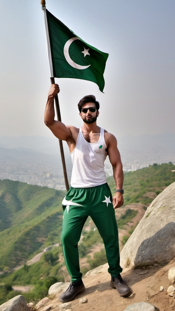 Prompt: A 30 Year old tall boy holding Pakistani flag with Pakistani Flag clothes muscular man standing on top of margalla hills punching the stick in soil with a Pakistani flag on that stick