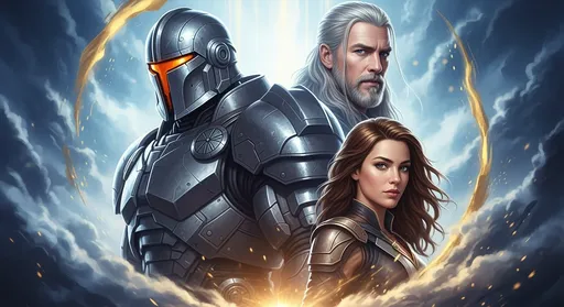 Prompt: Against a backdrop of ethereal blue and soft white, two iconic figures stand in striking profile. On the left, a massive armored warrior, helmet gleaming with an orange visor, exudes strength and resolve, while on the right, a woman with a confident gaze and flowing brown hair contrasts beautifully, dressed in a subtly detailed outfit. Directly behind them, a man distinguished by his long, silver hair and carefully groomed beard complements the scene with a calm yet determined expression. The composition is dynamic, with swirling colors framing the characters, suggesting a blend of action and fantasy, while hints of gold and soft clouds of color create a dramatic ambiance, inviting viewers to dive into this imaginative crossover world. The overall atmosphere conveys a sense of adventure and camaraderie, uniting different realms and heroes.