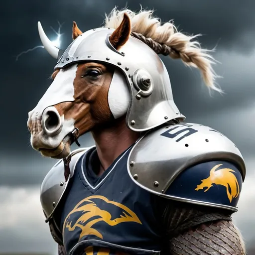 Prompt: A fierce horse viking wearing a lightning football helmet