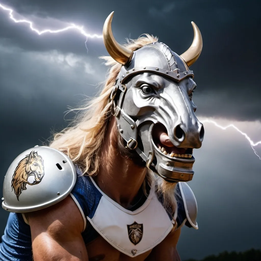 Prompt: A fierce horse viking wearing a lightning football helmet