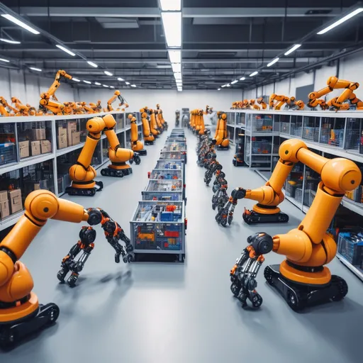 Prompt: please create a photo of a big storage hall with 30 robots working in it. one of the robots is repairing the other robot. Another robot is ordering some goods on the web store
