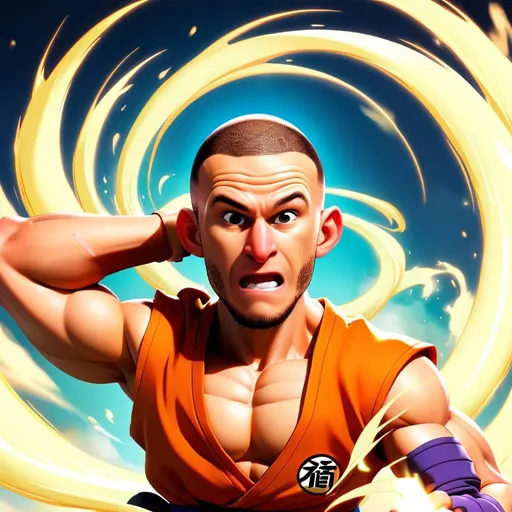 Prompt: Kai Kara France reimagined as Krillin from Dragon Ball Z: A hyper-detailed anime portrait blending MMA fighter's features with Krillin's iconic look. Bald head gleaming, determined eyes, and orange gi. Dynamic pose, ki energy swirling, against a backdrop of Kami's Lookout. Vibrant cel-shaded style, sharp line art.