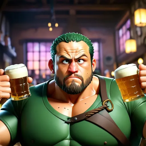 Prompt: Portly Roronoa Zoro from One Piece, his muscular frame comically rotund, guzzles frothy beer from his worn boot. Vibrant anime style with exaggerated expressions and dynamic lines. Dimly lit tavern background, raucous laughter echoing. Swords gleam nearby, hinting at his legendary skills despite his current state.