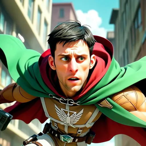Prompt: steve erceg, reimagined as a Survey Corps member in Attack on Titan's dystopian world. Dynamic anime-style illustration with bold linework and vibrant colors. Erceg, wearing iconic green cloak, soars through air using ODM gear, determination etched on his face. Titans loom ominously in background.
