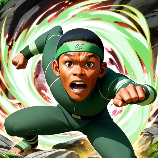 Prompt: Dynamic anime battle scene featuring Rock Lee from Naruto, executing his signature Leaf Hurricane kick. Intense motion lines, vibrant green jumpsuit contrasting against a rocky arena backdrop. Determined expression, bandaged hands clenched, sweat glistening. Traditional cel-shaded style with bold outlines and expressive eyes.