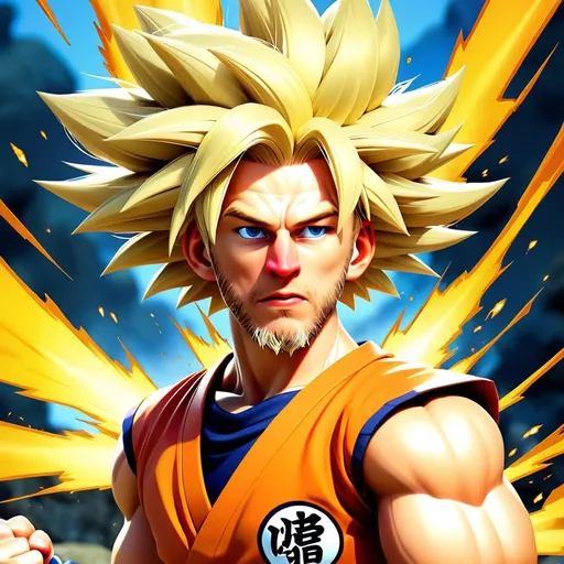 Prompt: Dan Hooker as Goku from Dragon Ball Z, rendered in vibrant anime style. Spiky golden Super Saiyan hair radiates energy. Muscular physique in torn orange gi. Determined expression, fists clenched. Dynamic pose mid-Kamehameha. Aura crackling, rocky landscape shattering beneath. Epic battle scene background.