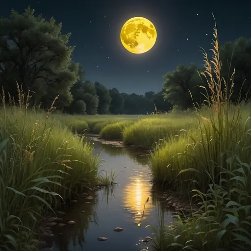 Prompt: A fishing creek at night with tall grass, crickets, fireflies, and a yellow moon