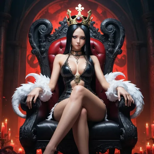 Prompt: Boa Hancock from One Piece, hot photo, Sitting on a gothic throne,  ambient glow. She wears an elegant gothic crown, immersed in sadness, adding, with a white boa snake with red specks, with an aura fascinating and high level of detail, (((intricate details))), (((hiper realistic))), full body.