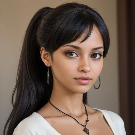 Prompt: full body, hot photo ultra detailet, realistic of Nefertari Vivi, she has a Large, expressive dark brown eyes, framed by long eyelashes. Deep and compassionate look, which reflects his kindness and determination. Small and straight nose, which gives a touch of delicacy to your face. Thin lips curved in a slight smile, often friendly or melancholic. Light brown skin, which highlights its natural beauty. Jet black hair, which is usually worn long and loose, or tied in a ponytail with bangs, her measurements are B99-W59-H89 with a small tattoo on her thigh