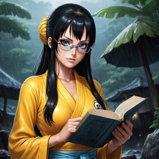 Prompt: One Piece Nico Robin, hot photo, appears in a standing pose wearing a yellow Tang suit. Wearing yellow glasses on her head. Holding a book. Raining scene. Her black and light blue eyes exude an intense gaze, while her long, smooth black hair hangs down with bangs framing her face. The blush on her cheeks adds a touch of innocence to her feminine appearance. The surrounding environment shows that the room is shrouded in darkness, enhancing the mysterious atmosphere of the scene. (((intricate details))), (((hiper realistic))), full body.