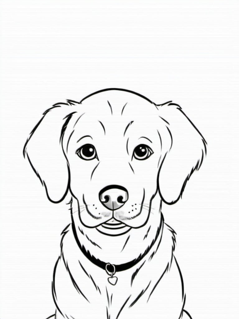 Prompt: Black and white illustration of a friendly dog, flat vector drawing, coloring book concept, hard lines, empty coloring book, 2D artwork, high quality, detailed lines, monochrome, minimalistic design, vector art, friendly expression, clean and clear outlines