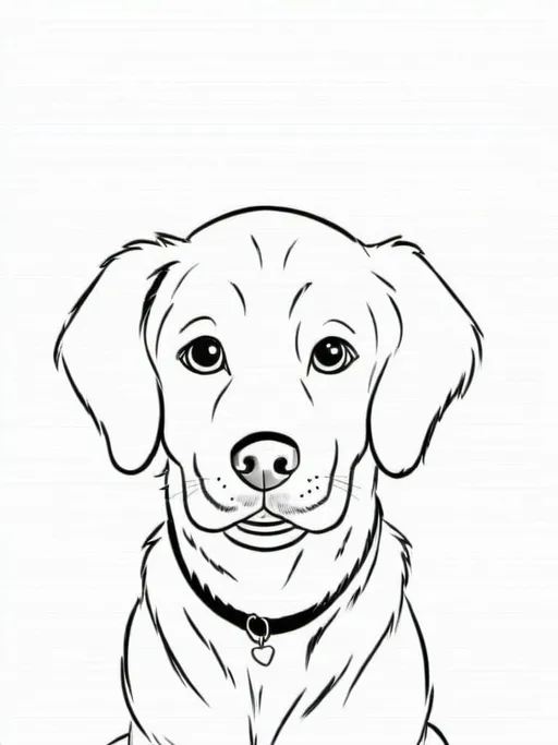 Prompt: Black and white illustration of a friendly dog, flat vector drawing, coloring book concept, hard lines, empty coloring book, 2D artwork, high quality, detailed lines, monochrome, minimalistic design, vector art, friendly expression, clean and clear outlines