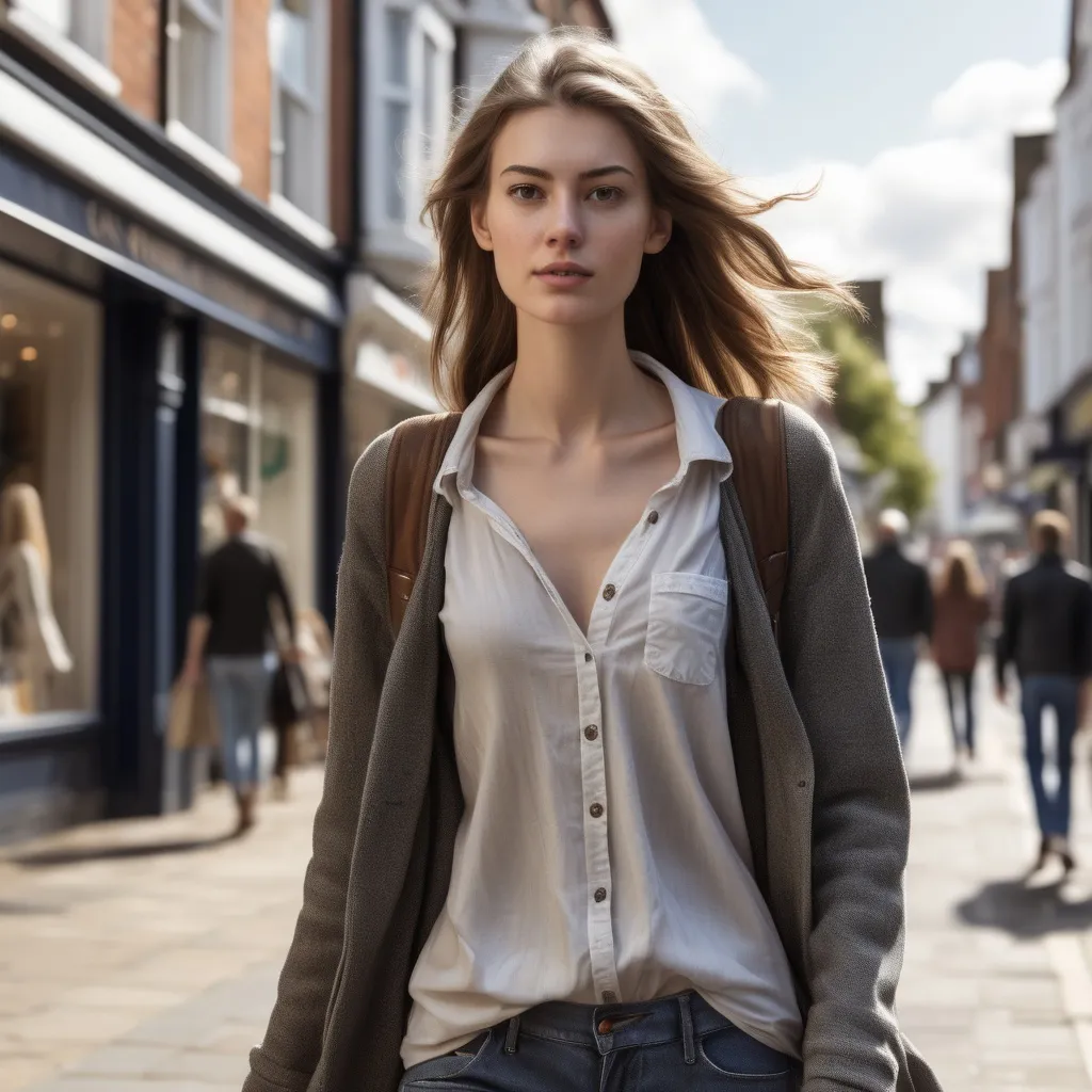 Prompt: Tall young woman walking down the high street, detailed clothing, realistic, natural lighting