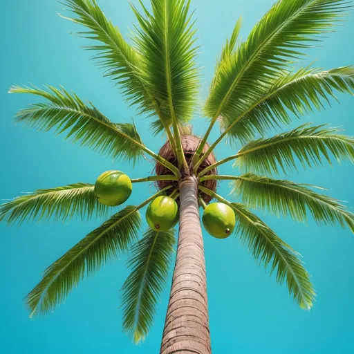 Prompt: (lime green coconut tree), vibrant and surreal colors, minimalistic design, high contrast, (tropical vibe), lush greenery surrounding the tree, a bright cerulean sky in the background, soft shadows cast by the tree, peaceful and serene atmosphere, ultra-detailed, captivating and eye-catching composition.