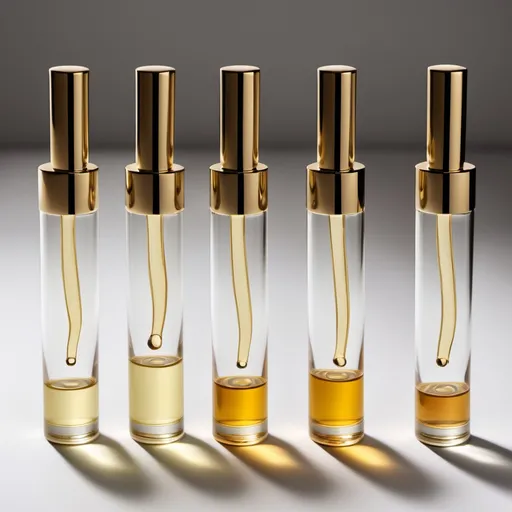 Prompt: show me 5 catridges of perfume oils and notes in an aesthetic and elegant way. Make them long glass vials and and have it look pretty. make them cylindrical and fittable into a device.
