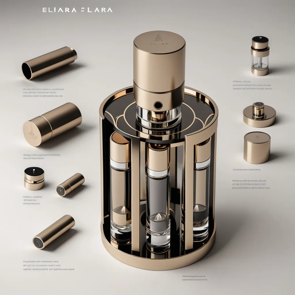 Prompt: create a perfume customization device named the Elara by masira. Make it an elegant design and cylindrical and have 5 catridges and an atomizer in a cylindrical shape. Similar to the attached image prototype, but prettier and more elegant.