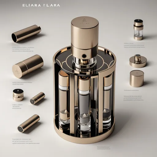 Prompt: create a perfume customization device named the Elara by masira. Make it an elegant design and cylindrical and have 5 catridges and an atomizer in a cylindrical shape. Similar to the attached image prototype, but prettier and more elegant.