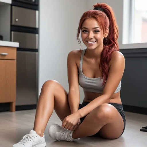 Prompt: a hyper realistic college girl tan flawless with red hair with no shirt in sweatpants sitting on the floor hair in a ponytail smiling and looking happy