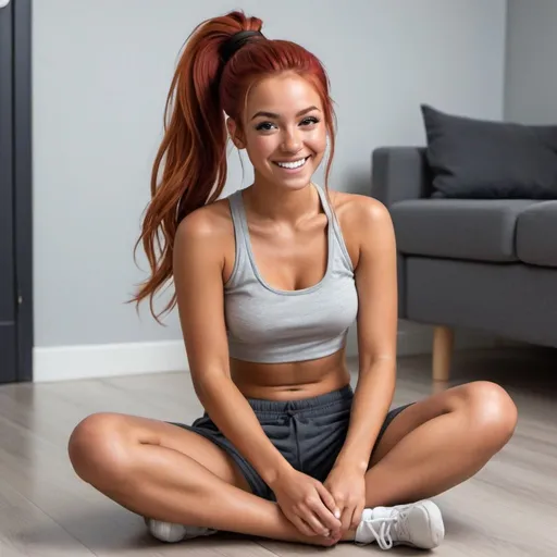 Prompt: a hyper realistic college girl tan flawless with red hair with no shirt in sweatpants  sitting on the floor hair in a ponytail smiling and looking happy