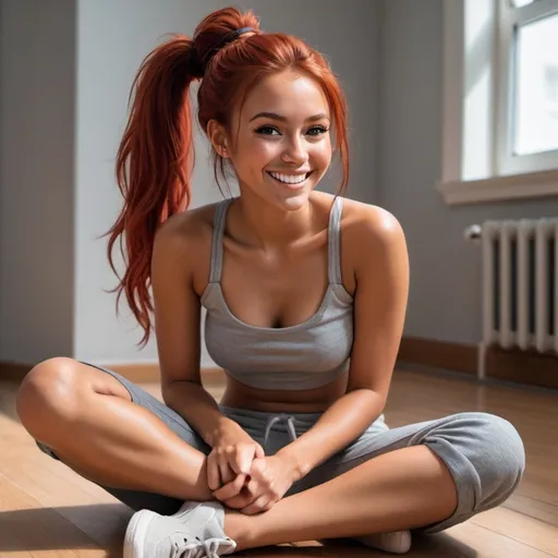 Prompt: a hyper realistic college girl tan flawless with red hair with no shirt in sweatpants sitting on the floor hair in a ponytail smiling and looking happy