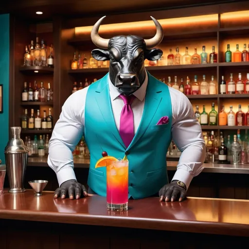 Prompt: Create a realistic illustration of a strong, imposing bull standing upright in a sleek, modern bar. The bull is dressed in a stylish bartender's outfit, including a vest and rolled-up sleeves, as he skillfully prepares a colorful cocktail. The bar is illuminated with soft, ambient lighting, and the background features a well-stocked shelf with bottles of spirits and fresh ingredients. The bull's expression is focused and confident as he expertly mixes a drink in a shaker. Bright, tropical colors like turquoise, magenta, and citrus orange are prominent in the cocktail glasses and garnishes, adding a vibrant and lively touch to the scene. The overall atmosphere is sophisticated yet energetic, blending the power of the bull with the artistry of cocktail-making