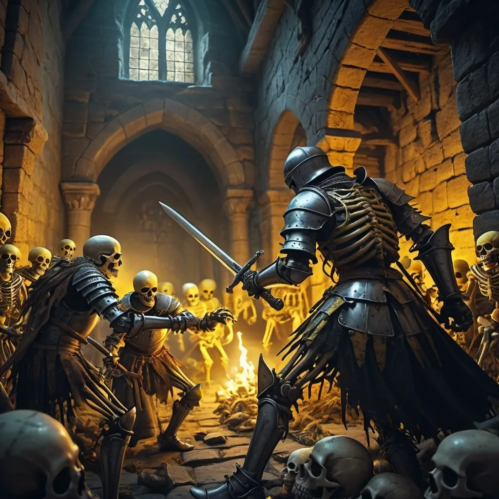 Prompt: make a knight in a castle fighting skeletons and yellow zombies
