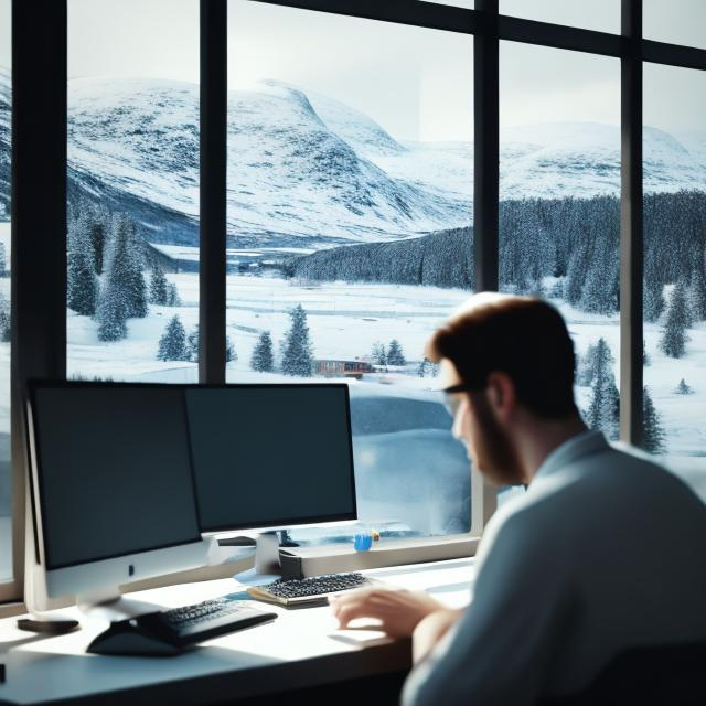 Prompt:  illustration not photo-like - a man looks at his computer. Ominous feeling. A scenic norwegian county is visible through the office window
