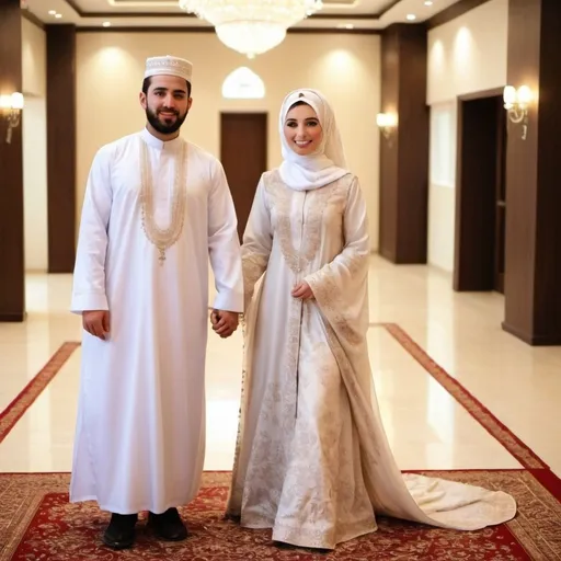 Prompt: I want a picture of my wedding day with my wife. I am wearing a thobe, a ghutra, and a bisht, and my wife is wearing a dress, and we are inside the wedding hall.