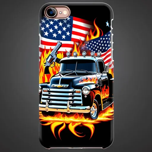 Prompt: create phone case with Chevrolet truck and flames and guns and American flag  