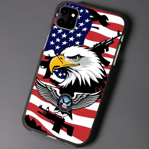 Prompt: create phone case with eagles  pickup trucks and guns and jet fighters American flag as a background 