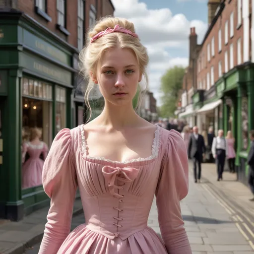 Prompt: Tall young woman walking down the high street, detailed clothing, realistic, natural lighting Create a blonde girl in a pink dress from the 1800s her hair should be long and tied back blonde her eyes light green and her skin light pink 
looking ahead 