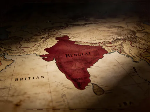 Prompt: Cinematic opening, dark background slowly revealing a vintage map of British India, Bengal highlighted in red, dramatic lighting, slow zoom-in, historical documentary style, film grain, somber mood, 1900s era aesthetic, 16:9
