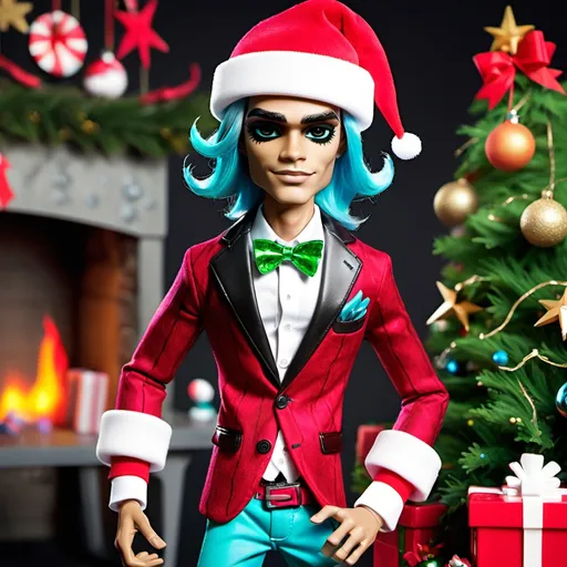 Prompt: Gillington Weber the fish man from Monster High wearing a Christmas outfit