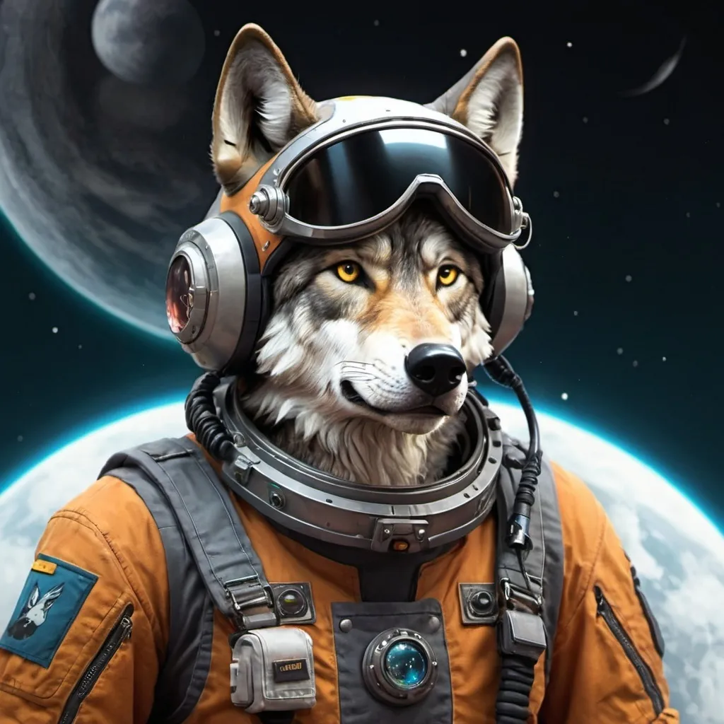 Prompt: Uplifted wolf spaceship pilot