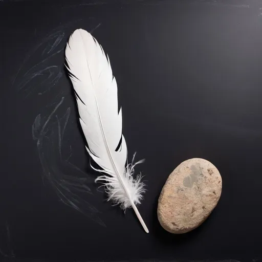 Prompt: feather and a rock, background is a blackboard, add question mark sticker