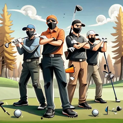 Prompt: 4 tactical men with black bandana masks standing next to eachother on a golf course with golf clubs in their hands