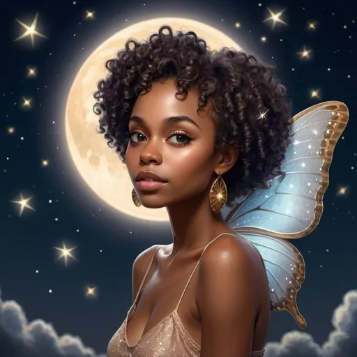 Prompt: A stunningly beautiful, pixie, feminine {{{dark-skinned}}} African American woman with {{{curly hair}}}. she has butterfly wings and is pictured against a moonlit sky with bright stars.
