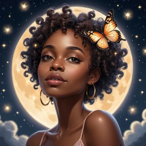 Prompt: A stunningly beautiful, pixie, feminine {{{dark-skinned}}} African American woman with {{{curly hair}}}. she has butterfly wings and is pictured against a moonlit sky with bright stars.
