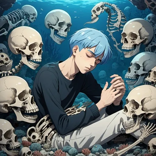Prompt: Male adolescent, with short blue hair, asleep in a fetal position on the seabed and surrounded by animal skeletons. Anime style

