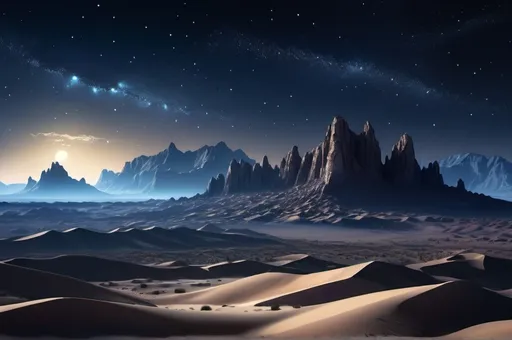 Prompt: A  high-resolution professional photo of a vast desert landscape. The foreground is barren, jagged mountains rise majestically in the distance, silhouetted against a breathtaking night sky filled with countless stars.