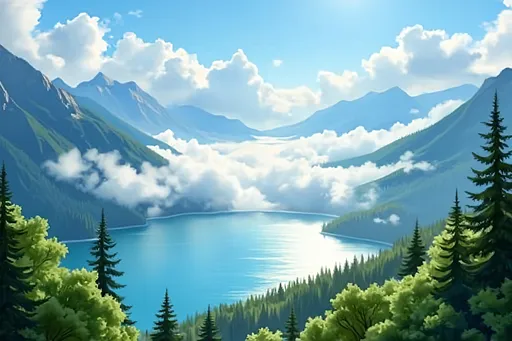Prompt: Vast green mountains rise majestically above a shimmering lake, where a thick blanket of white clouds floats gently, creating an ethereal landscape. The vibrant foliage contrasts beautifully with the tranquil blue waters that reflect the sky, dotted with wispy clouds. Bright sunlight casts a warm glow, enhancing the vivid shades of green and deepening the allure of the scene, while the high vantage point provides a breathtaking panoramic view of nature's splendor. This serene moment captures the essence of peacefulness and the majesty of untouched wilderness, inviting contemplation and awe.