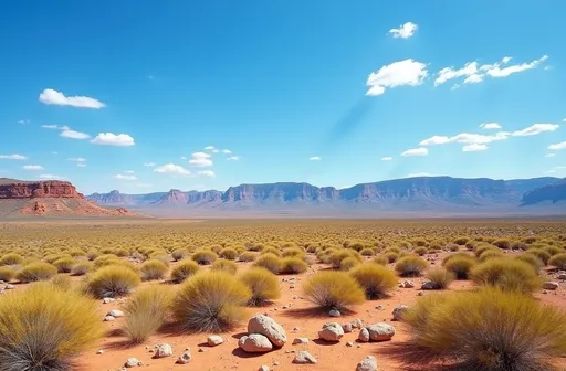 Prompt: photograph of a vast desert landscape, bright sunny day, clear blue sky with few scattered white clouds, arid terrain covered in yellow-green shrubs, numerous spherical rocks scattered across the ground, distant mountain range with rugged peaks in shades of brown and red, sparse vegetation, rolling hills, dry and barren environment, no people or animals, natural beauty, serene and peaceful atmosphere, high-resolution, vivid colors, expansive view, nature photography, wide-angle shot, Australian outback, rugged terrain, earthy tones, sense of vastness, feeling of isolation, no man-made structures, untouched wilderness, dramatic lighting, shadows from the sun.