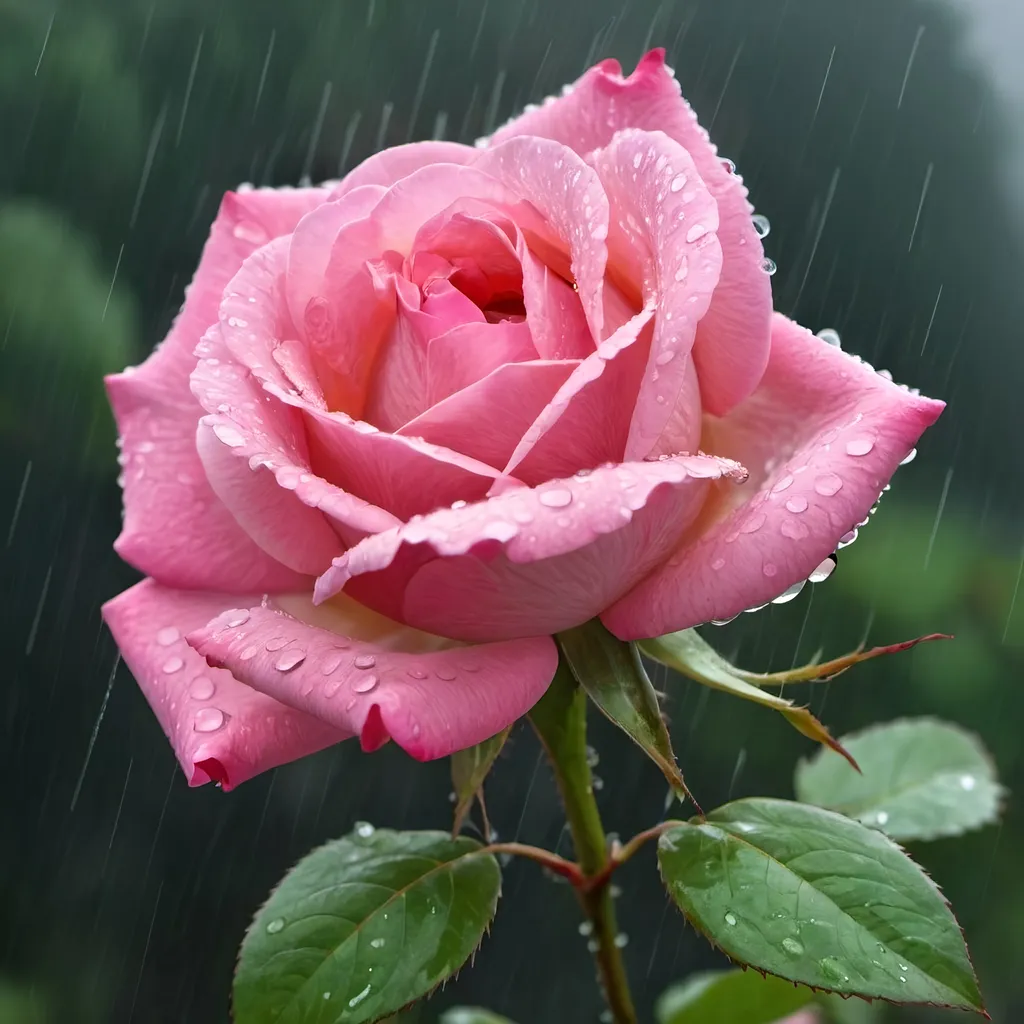 Prompt: A pink rose blossom is dancing in rain
